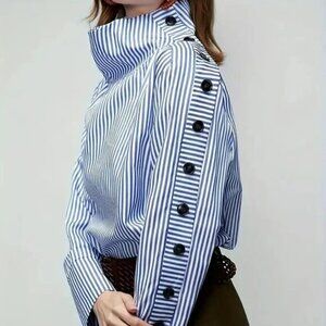 Striped Button Detail Sleeve Turtleneck Blouse *